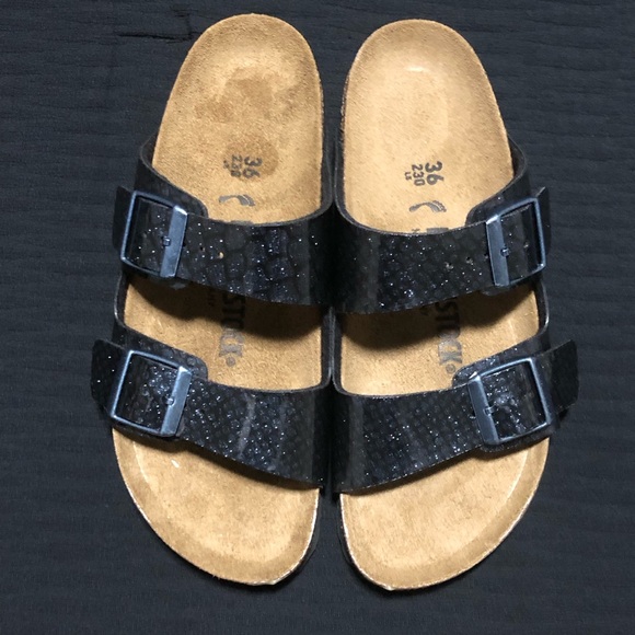 Birkenstock Shoes - Birkenstock Arizona Sandals Shiny Magic Snake Glitter Black Blue Womens, Size 5